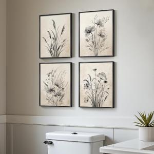 Framed Boho Vintage Botanical Wall Art, 4 Piece Black and White Floral Canvas Prints for Modern Farmhouse Bathroom, Natural Rustic Flower Artwork for Bedroom Kitchen Hallway Wall Decor, 11x14