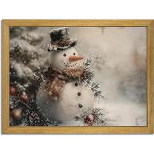 Vintage Christmas Wall Art 8x10 inch, Wood Framed Cute Snowman Canvas Wall Decor Painting, Rustic Winter Scene Painting White Xmas Poster Print Picture for Farmhouse Home Bedroom Decor