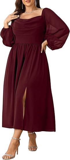 SHESTARR Women's Plus Size Dress Chiffon Long Sleeve Cowl Neck Wedding Guest Cocktail Party Maxi Dress, Burgundy XXL