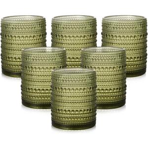 Vintage Glassware Drinking Glasses Set of 6,12 oz Hobnail Glass Cups,Embossed Green Water Tumbler,for Beer,Cocktail,Whiskey,Juice and Various Mixed Drinks- 1 Cleaning Brush (12oz Green)