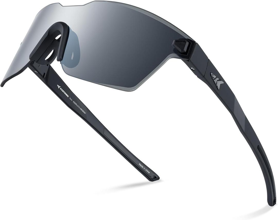 KastKing Tarkio Polarized Fishing Sunglasses, Large Single PC Lenses, Rimless Wrap Design, UV400 Protection Sports Sunglasses (A: Matte Black - Smoke Frame, Granite Mirror)