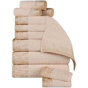 Superior 12 Piece Cotton Towel Set, Floral Jacquard Dobby Border, Quick Dry, Decorative Bathroom, Spa, Shower, Bath, Includes 3 Body, 3 Hand, 6 Face Towels/Washcloth, Wisteria Collection, Ivory
