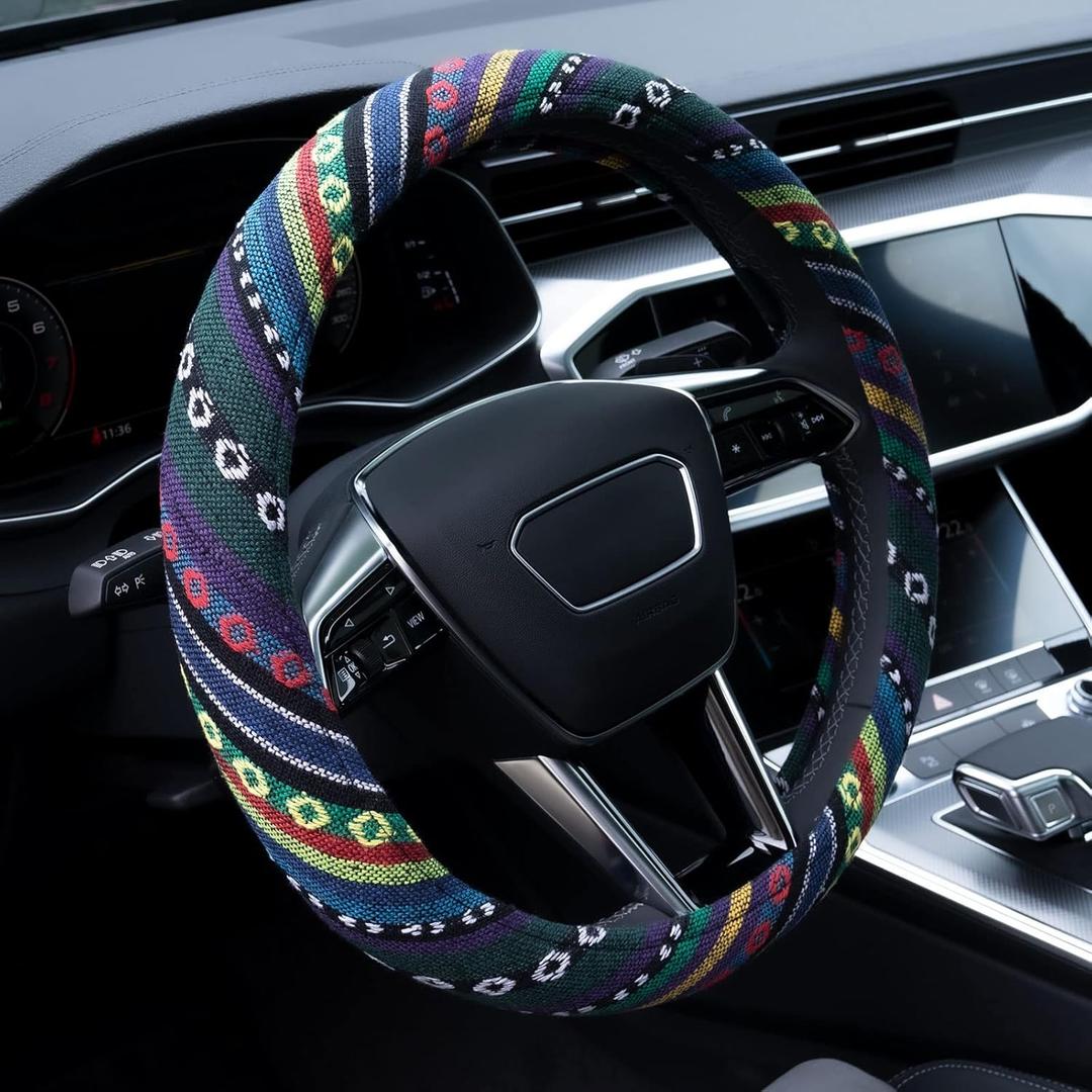 Limsas Boho Steering Wheel Cover Elastic Microfiber for Women, Universal Fit 15 inch Car SUV, Hippie Style Protector Cover, Anti-Slip, Breathable, Absorbing Sweat - 02 (Green)
