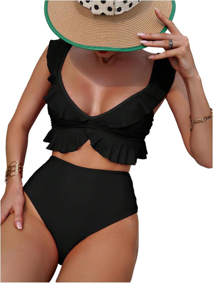 MakeMeChic Women's 2 Piece Bikini Set Ruffle Trim Bathing Suit V Neck Tie Back High Waisted Swimsuit