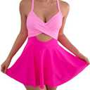 B2prity Women Cutout One Piece Skirt Swimsuit V Neck Tie Back Swimdress Tummy Control Bathing Suit Push up Swim Suit Hot Pink XL