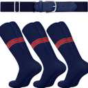 Ramede Youth Baseball or Softball Socks and Belt Combo Set Striped Softball Football Socks with Belt for Adult Boy Kid Girl (Small, Navy Blue)