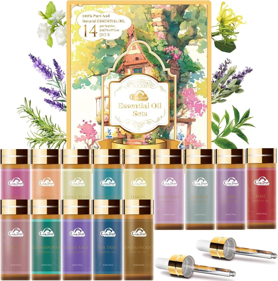Fragrance Essential Oils Set - 14pcs, Aromatherapy Oils for Skin, Diffusers, Home Care, Humidifier Laundry, Candle Making - Tea Tree, Sandalwood, Lavender, Vanilla, Eucalyptus and More (5mL)