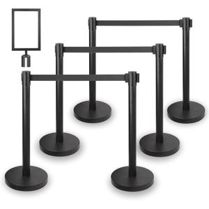Crowd Control Stanchion Set with Sign Topper,Black Stanchion with 6.6 ft Black Retractable Belt Barriers,Crowd Control Barriers with Durable Refillable Enlarged Base 6 Pcs