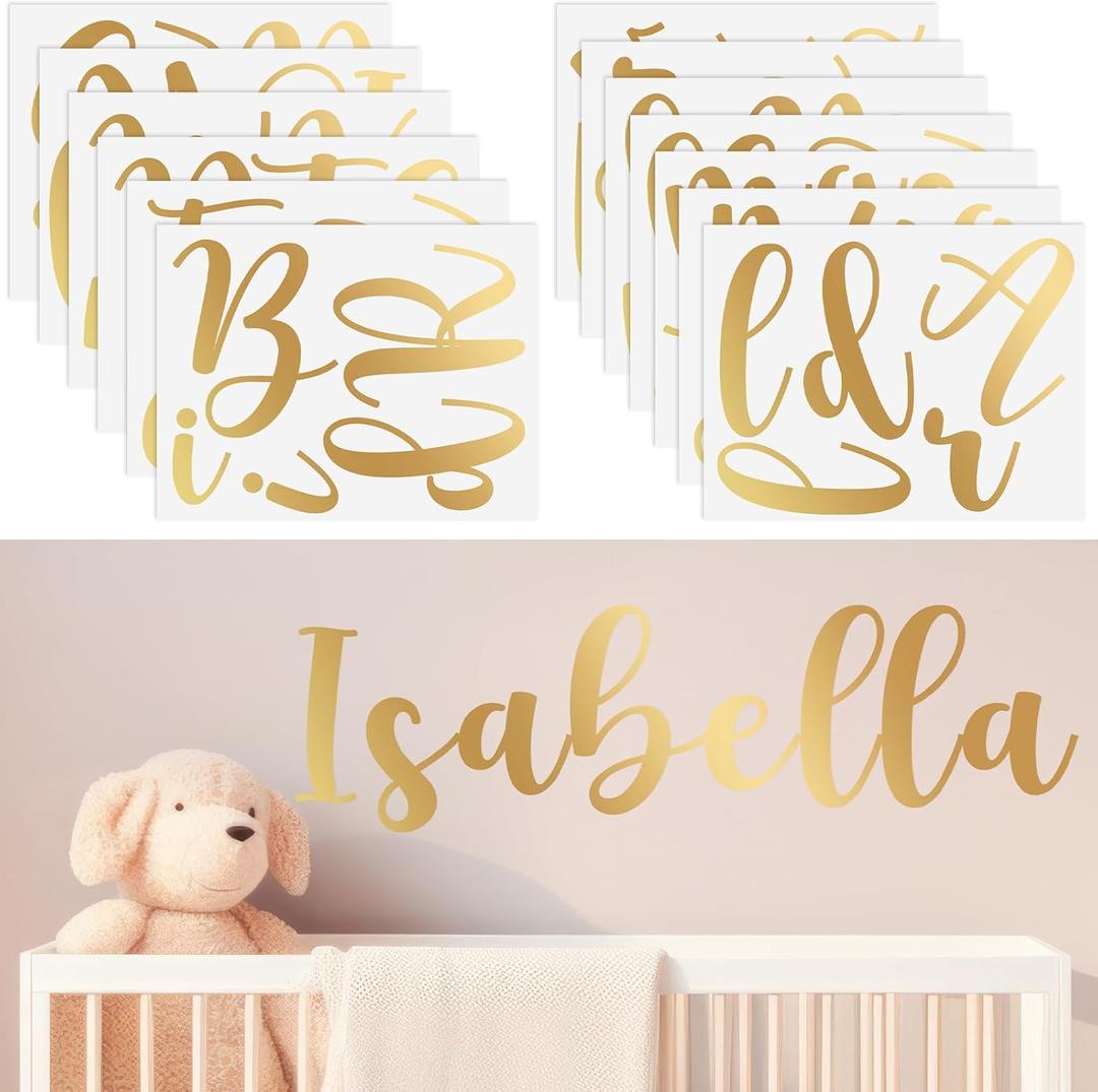 Boao Personalized Name Wall Decal Large Letter Stickers Alphabet Custom Name Stickers Nursery Wall Decal for Bedside Bedroom Classroom Home DIY Crafts(Medium,Gold,Cursive)