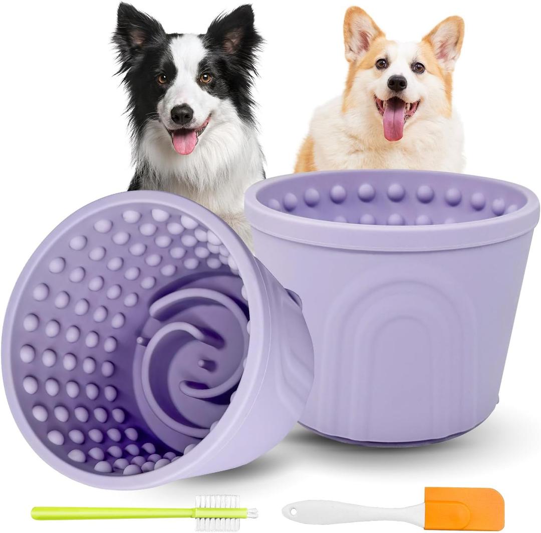 Dog Slow Feeder Lick Bowl, 2 Pack Slow Dog Eating Bowl, Anxiety Relief Dog Licking Mat Treat Dispenser, Non-Slip Dog Slow Feeder Bowl for Medium Large Breed Dogs Purple