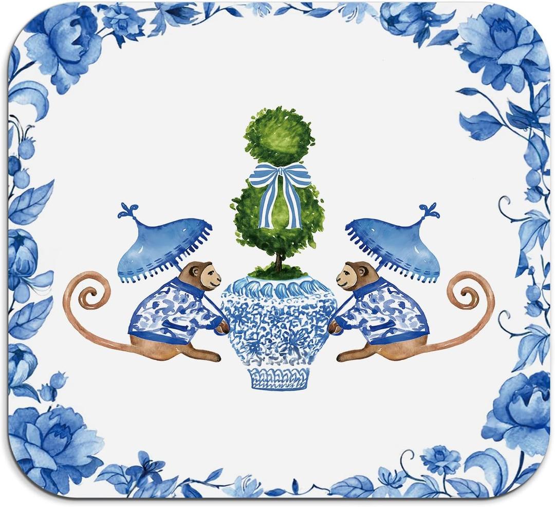 Chinoiserie Dish Drying Mat - Blue And White Porcelain Dish Drying Mat,Chinoiserie Monkey Drying Mat For Kitchen Counter,Coffee Bar Mat,Vintage Chinoiserie Drying Mat,16x17.5 Inch