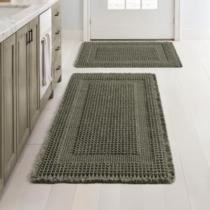 MIULEE Set of 2 Waffle Bathroom Rugs, Boho Bath Rug Super Absorbent, Non Slip Washable Ultra Soft Rubber Backed Shower Bath Mats for Floor, Tub, Shower, Looped Design, Green, 17"x24"+18"x30"