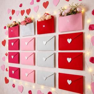 Novabright 16 Pcs Valentine's Day Wall Decorations Felted Love Heart Envelope Wall Decorations with Adhesive Dot DIY Valentine Romantic Pink Red Letter Background for Party Celebration Wedding Supply
