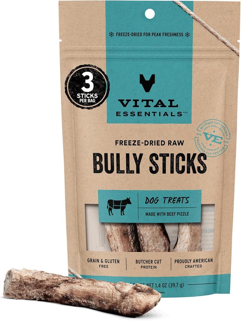 Vital Essentials Freeze Dried Bully Sticks Dog Treats | Premium Quality, Long Lasting | Grain Free Treats for Dogs, (3 Count) 1.4 oz Bag (EXP 03/24/28)