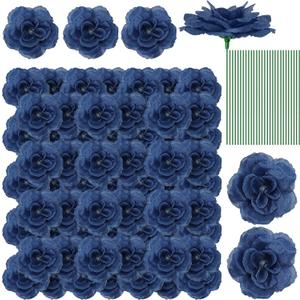 Yunlly 100 Pcs Artificial Flowers Fake Silk Roses Long Stem Rose Bouquet Wedding Party Home Decor for DIY Baby Shower Centerpieces Tables Home Decorations(Navy Blue)