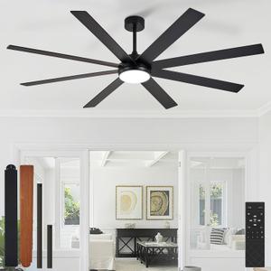 Depuley 72" Ceiling Fans with Lights: Black Indoor/Outdoor Ceiling Fan for Patios Living Room - 8 Blades Dimmable Large Ceiling Fans with Remote APP Control Timer Reversible Quiet DC Motor 6 Speeds