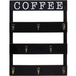 Solid Wood Coffee Mug Holder Wall Mounted, Rustic Cup Rack with 8 Hooks Large Space for Big Cups for Kitchen, Home, Coffee Bar Station (Black)
