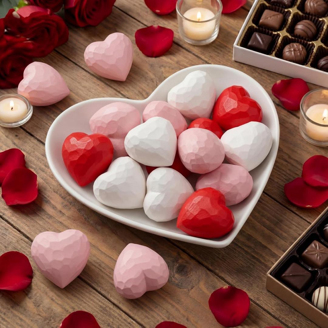 Novabright 12 Pcs Valentines Wood Hearts Signs Decor Bowl Fillers 3D Red Hearts Handmade Corazones para Decoration Mini Vintage Table Centerpiece Farmhouse Tiered Tray Decor for Valentines Day Gifts
