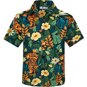 Yoimira Hawaiian Shirts for Boys, Button Down Short Sleeve Tropical Print, Kids Summer Beachwear Tops 7-14 Years (Green)