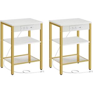 HOOBRO Side Tables Set of 2 with Charging Station and USB Port, Small End Tables for Small Space, 3-Tier Nightstands with Adjustable Shelf, for Living Room, Bedroom, White and Gold
