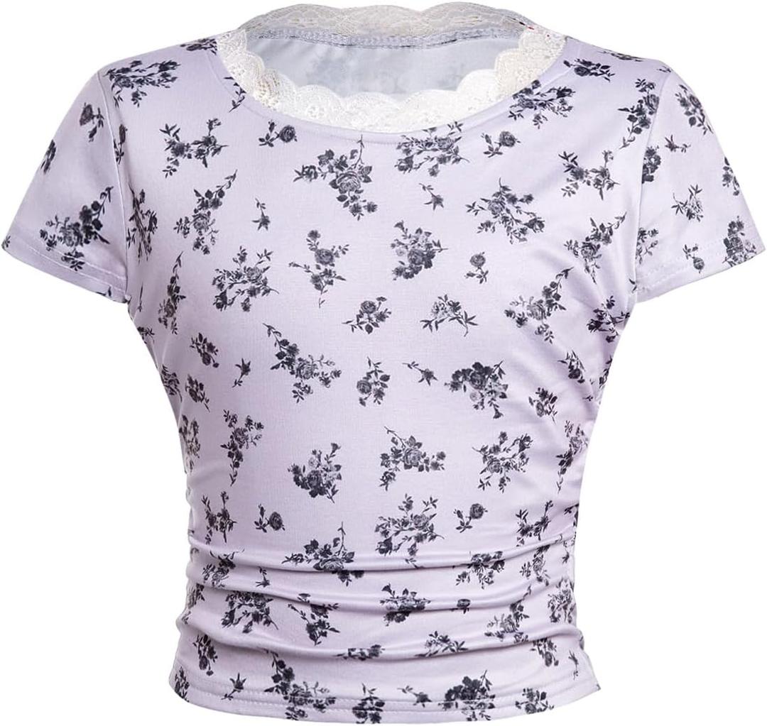 RoseSeek Girl's Ditsy Floral Print Lace T Shirt Short Sleeve Ribbed Ruched Cute Tee Shirts Summer Tops