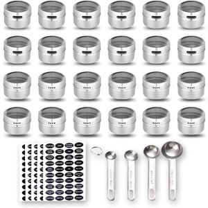 24 Magnetic Spice Tins, 200 Spice Labels, 4 Stainless Steel Measuring Spoons Magnetic Spice Containers Organizer Storage Condiment Jar Set of 24, Clear Lid, Sift and Pour