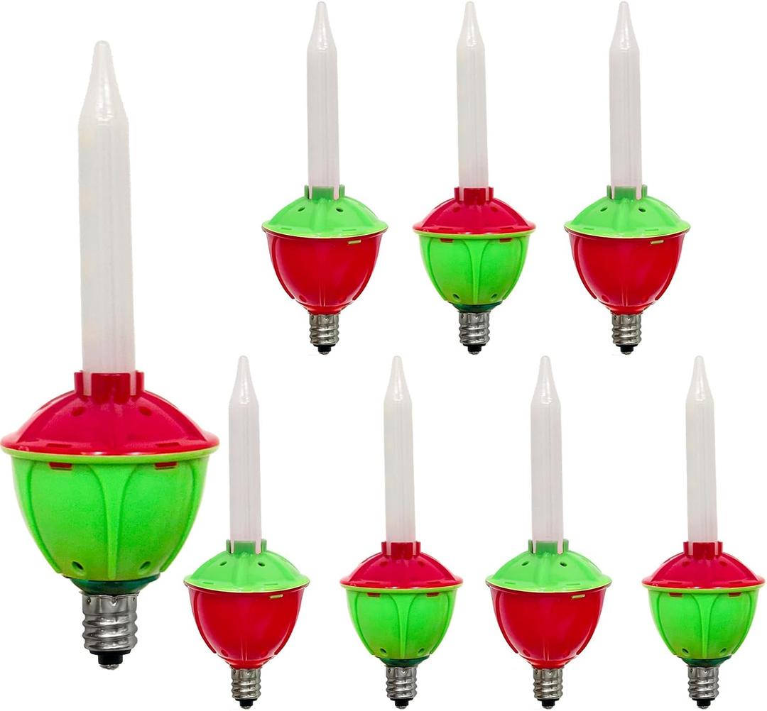 Romasaty 8 Pack Christmas Bubble Lights Replacement Bulbs, Vintage Christmas LED Bubble Lights Replacement Bulbs with Red Green Bases for Xmas Tree Decor, 0.6 Watts, C7/E12 Candelabra Base
