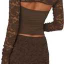 Womens Sexy 2 Piece Mini Skirt Set Long Sleeve Lace Cutout Top Double Lace Mini Bodycon Skirt Y2K Going Out Outfits (Brown, L)