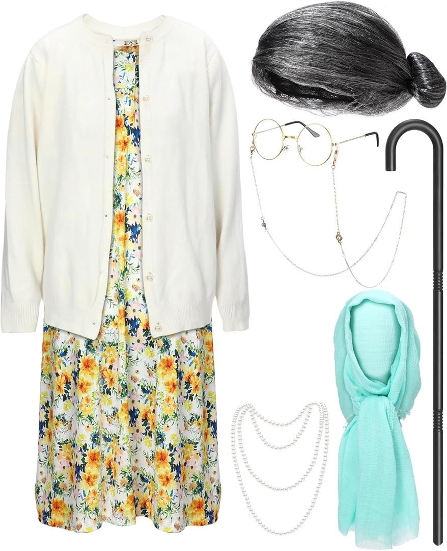 7 Pcs Halloween Old Lady Costume for Women Adult Grandma Costume Outfit Dress Granny Sweater Nightgown Wig (Medium, Yellow)