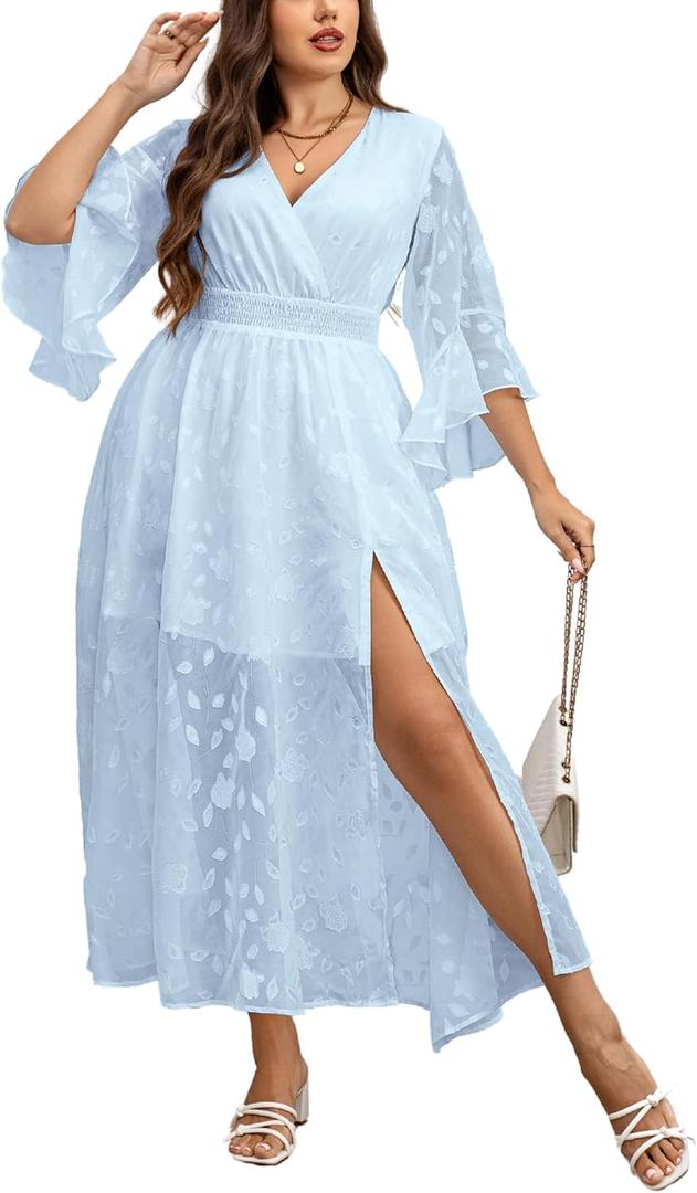 EYWOL Wedding Guest Dress Plus Size Ruffle Bell Sleeve V Neck A Line Flowy Empire Waist Maxi Dresses with Slit, 1X