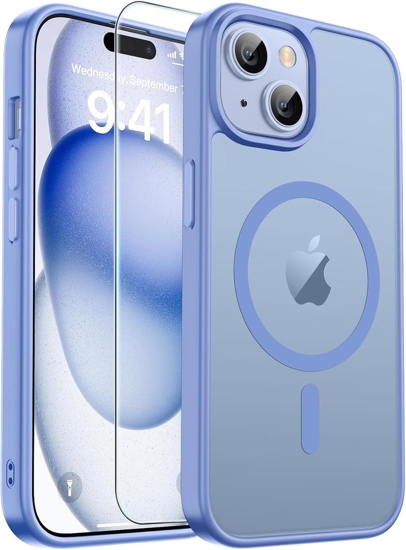 zapica Magnetic for iPhone 15 Plus Case & iPhone 14 Plus Case, with [Tempered Glass Screen Protector] [Compatible with MagSafe] Translucent Matte Shockproof Anti-Scratch Phone Cover, Blue Purple
