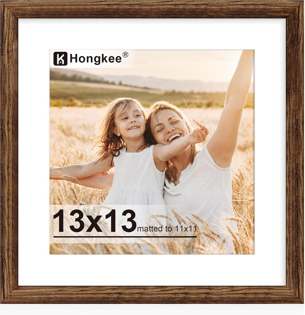 13x13 Picture Frame with Real Glass Wood Frame (Mat 11x11), 1 Pack