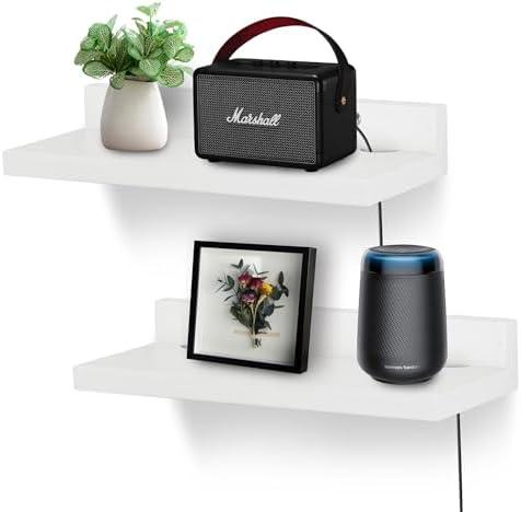 NIUBEST Small Floating Shelf for Wall,9 Inch Wall Mounted Shelf with Cord Hole,Small Display Shelves for Cameras, Webcam, Router,Smart Speaker,Action Figures-2 Pcs（White）