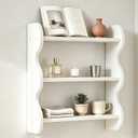 3 Tier Solid Wood Wall Shelf, Rustic Floating Storage Organizer Solid wood, 3-tier vertical storage, wavy-edge rustic style, wall-mounted design for books, plants, mugs, and deco.