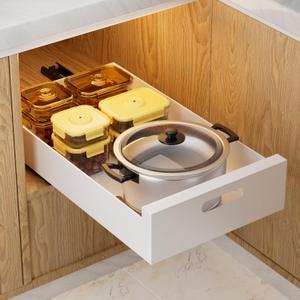 HBL' 2 Pack | 16.9" Deep Pull Out Cabinet Organizer Adhesive, 12-Inch Wide Sturdy Carbon Steel Roll-Out Drawers for Face Frame or Frameless Cabinets, Slide-Out Shelves for Pantry. (White)