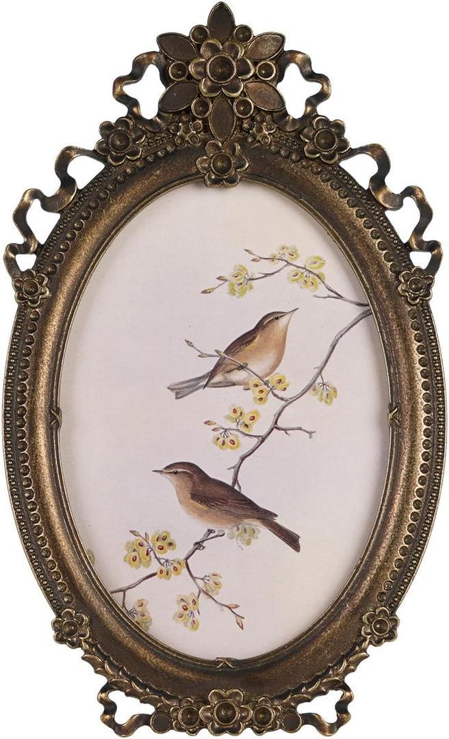 NIKKY HOME Vintage Photo Frame 4x5, Antique Picture Frames, Bronze Gold Decorative Photo Frame with Stand and Glass Front for Tabletop Photos Display Gift Ideas (3.5x5", Bird)