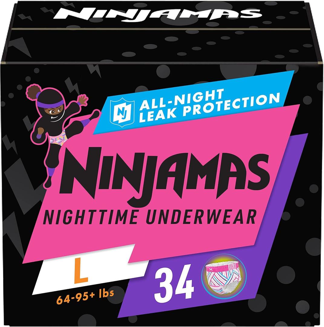 Ninjamas Nighttime Bedwetting Underwear Girls Size L (64-125 lbs) 34 Count 