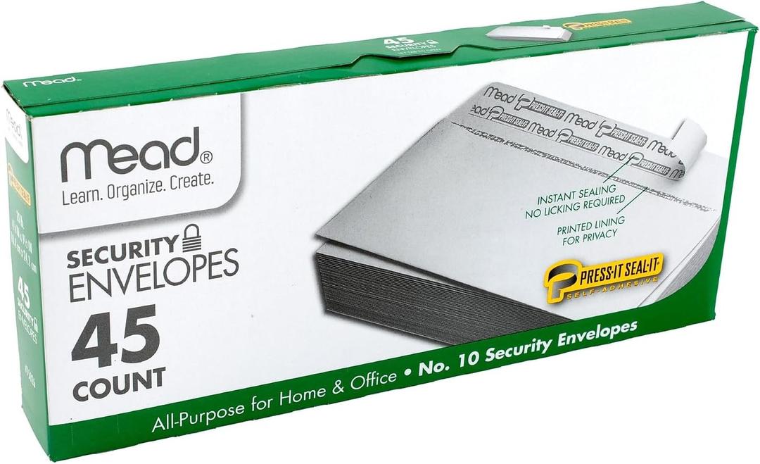 Mead #10 Envelopes, Security Printed Lining for Privacy, Press-It Seal-It Self Adhesive Closure, All-Purpose 20-lb Paper, 4-1/8" x 9-1/2", White, 45 per Box (75026)