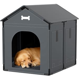 Extra Large Dog House Indoor with Plush Cushion, Dog Kennel for Inside with Sturdy Frame, Waterproof Pet House Suitable for Medium Large Dogs, 34x27x34in, Gray