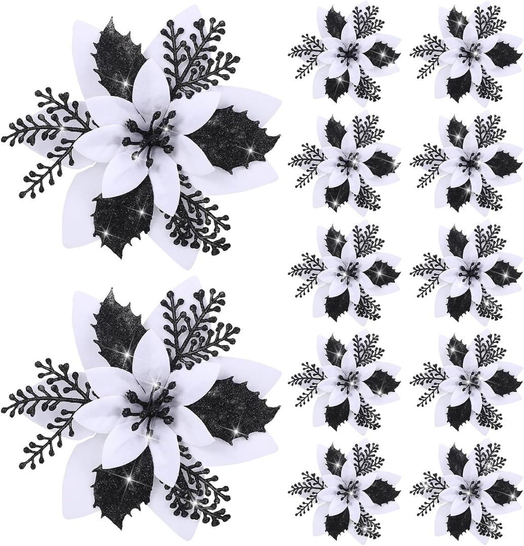 12 Pieces 5.7 Inch Christmas Poinsettia Flower Christmas Glitter Artificial Flower with Clips Xmas Tree Ornament for Wreath Garland Party Decor (White,Black)
