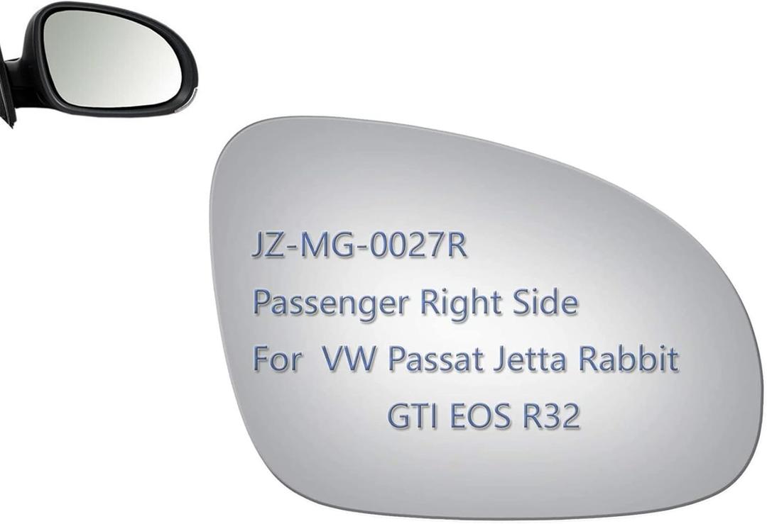 JZSUPER Side Mirror Glass fit for Volkswagen VW Passat Jetta Rabbit GTI Eos R32, Passenger Right Side RH Replacement Rearview Convex Glass, Non Heated Including Adhesive