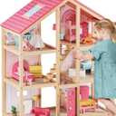 Tiny Land Wooden Dollhouse for Girls - 6 Rooms Wooden Doll House, DIY Pretend Doll House with 31Pcs Furniture Accessories, Creative Gift for Girl Ages 3+ (Pink)