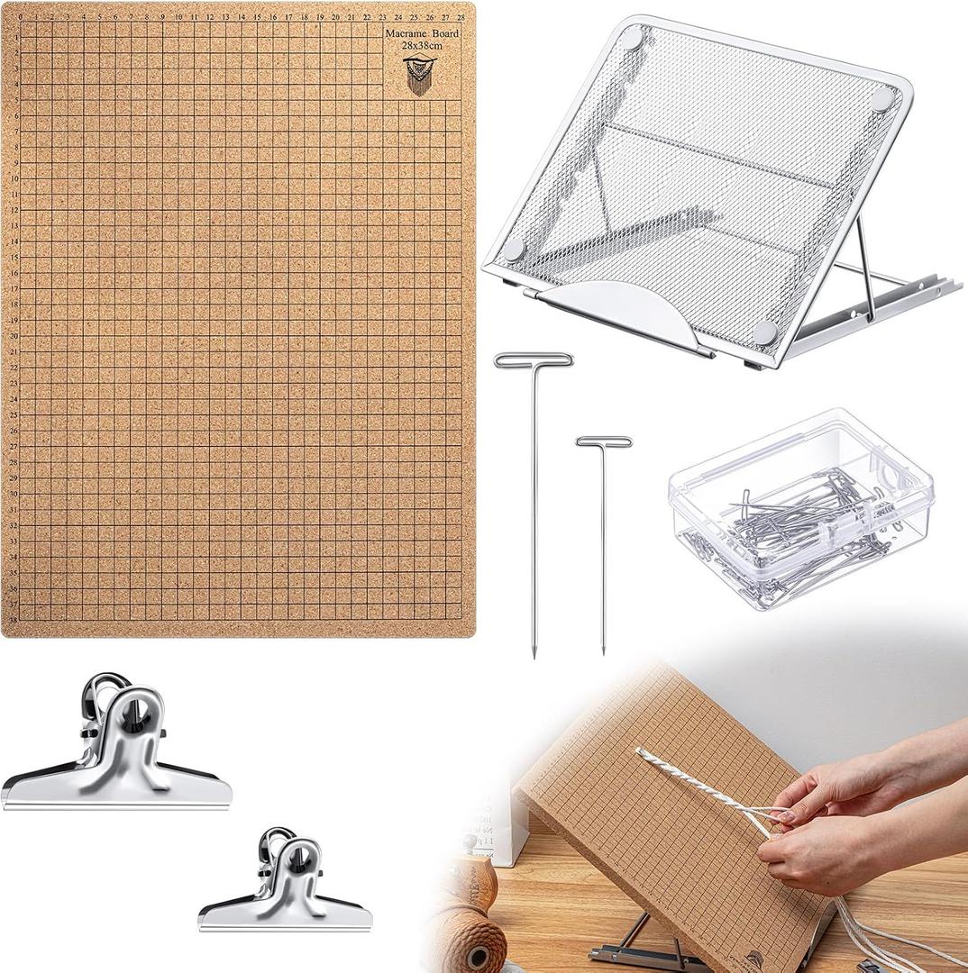 Tandefio 104 Pcs 12x16 Inch Macrame Board and Metal Adjustable Holder with T Pins Clips Macrame Project Supplies Tools Double Sided Grids for Braiding Cording Bracelet Creating