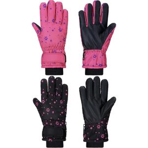 SATINIOR 2 Pairs Kids Waterproof Winter Snow Gloves Ski Gloves for Boy Girl Outdoor Warm Thickening Snowboard(Rose Red, Black,8-12 Years)