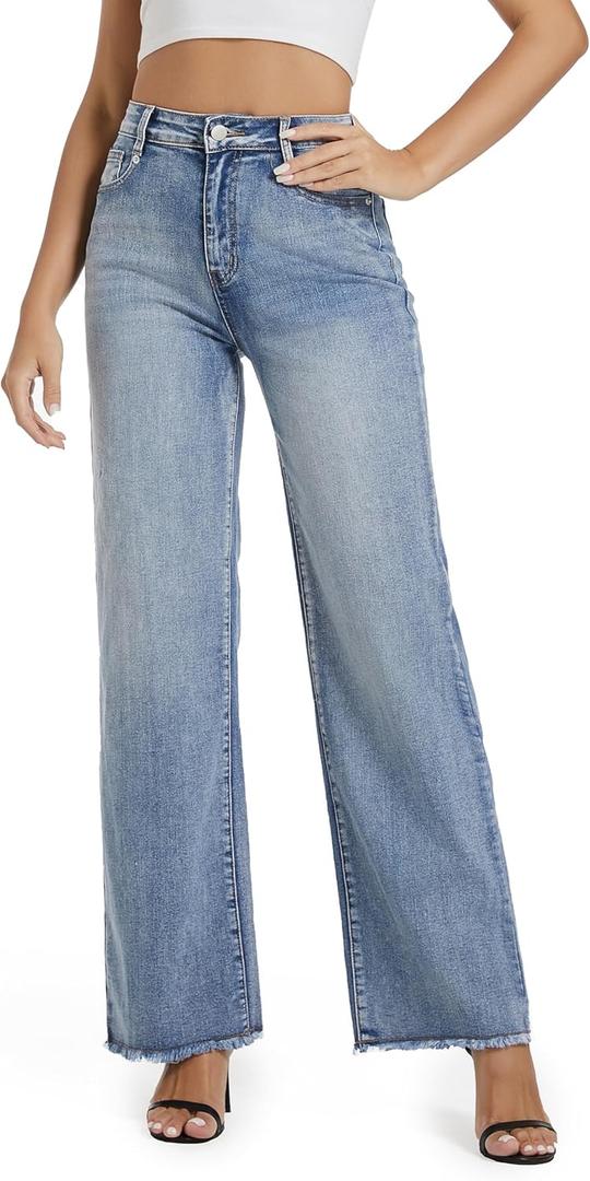 Guaile Women's Wide Leg Jeans High Waisted Strechy Jeans for Women Straight Raw Hem Loose Casual Denim Blue Size 12 Short