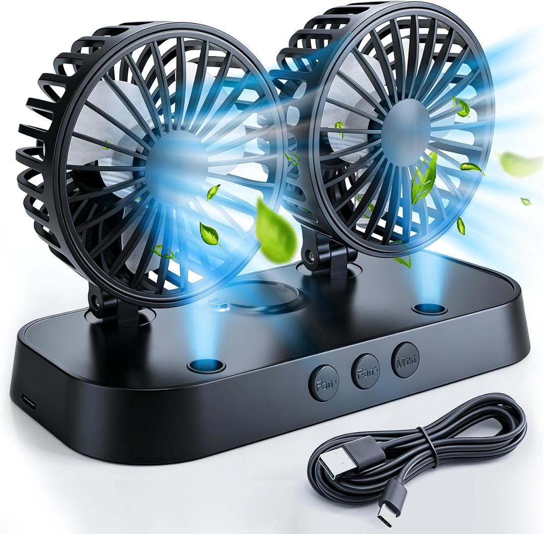 Car Fan, Portable USB Powered Dual Head Cooling Fan for Car, 360 Rotatable & 2 Speeds Adjustable & Mist Function, Powerful Air Circulation for Vehicle Truck SUV Jeep RV Boat, 12V (black)