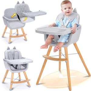 CoziBB 4-in-1 Baby High Chair, Convertible Easy-to-Clean Wooden Highchair for Infant, Kids& Children, 3 Position Tray, Leatherette Seat, Modern and Compact Design, Grey
