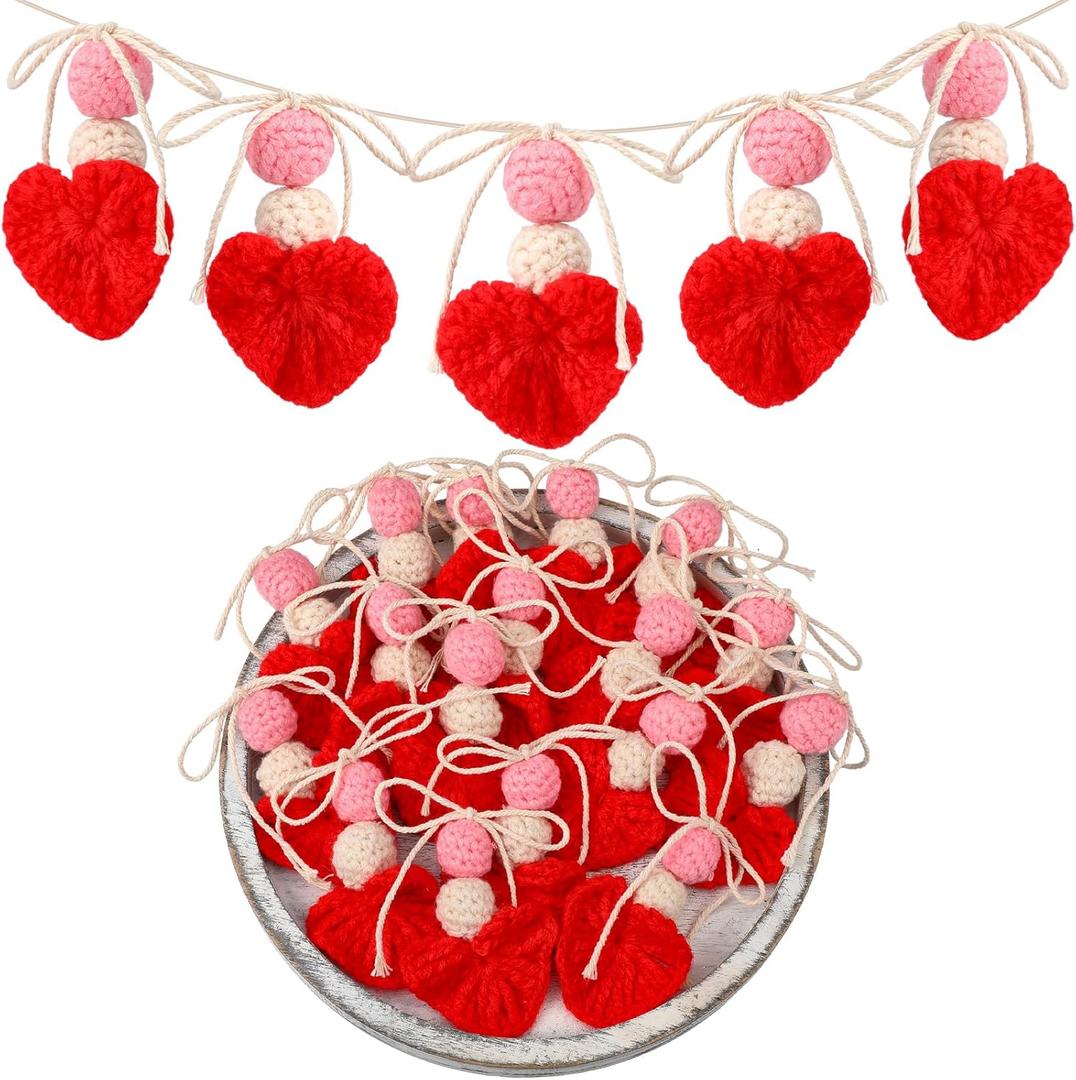 20 Pcs Crochet Valentines Heart Ornaments 3.94 Inch Knitted Crochet Heart Tree Ornament Red Pink White Handmade Valentine's Day Decoration for Home Mantel Fireplace Wedding Party Decor
