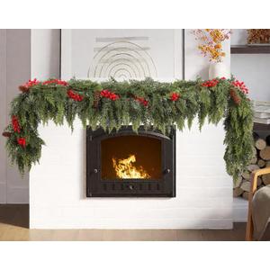 6ft Christmas Cedar Garland with Artificial Red Fruits and Pine Cones, Soft and Thick, Faux Greenery Cedar Garland, Suitable for Home Dining Table, Mantel, Porch Winter Christmas Decoration (6FT)