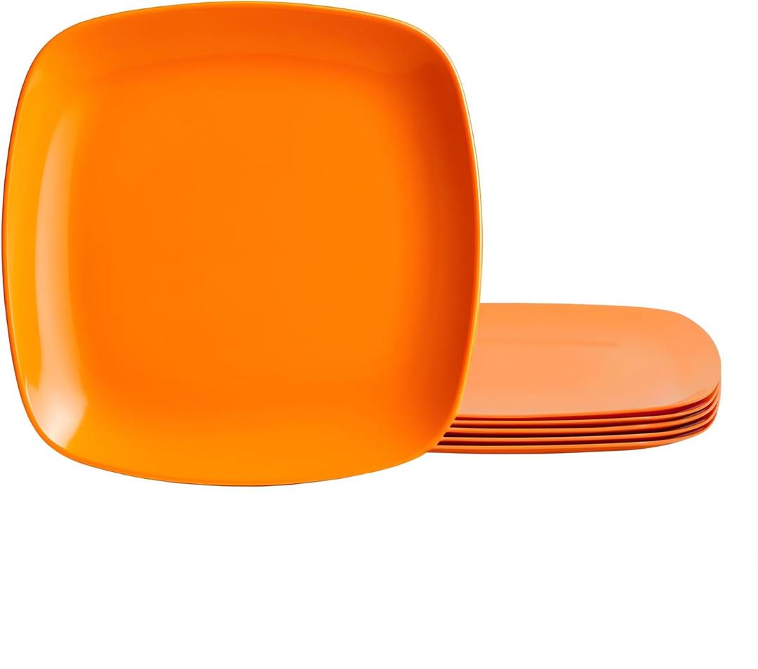 TP 10.5" Melamine Square Dinner Plates, 6-piece Plate Set Unbreakable Serving Dishes for Indoors and Outdoors, Unbreakable Dinner Service for 6 (Orange)